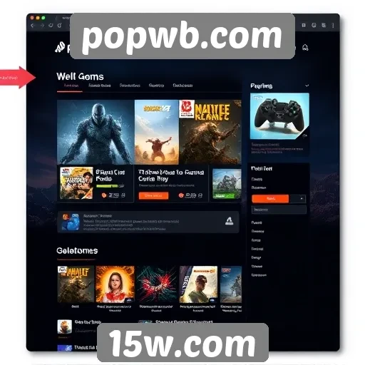 Interface e navegação do popwb.com para gamers
